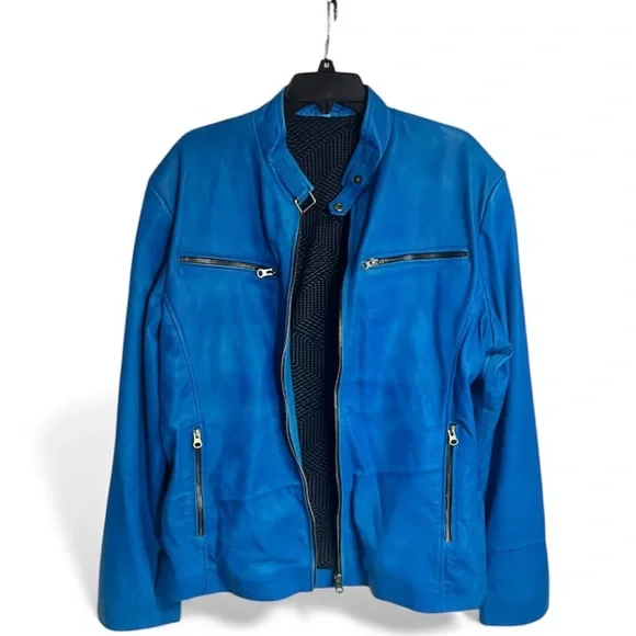 Genuine Leather Distressed Look Cafe Racer Jacket Zip Front & Sleeves Blue Large